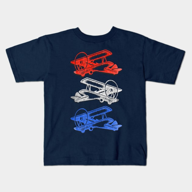 Red White and Blue Prop Engine Airplanes Kids T-Shirt by Contentarama